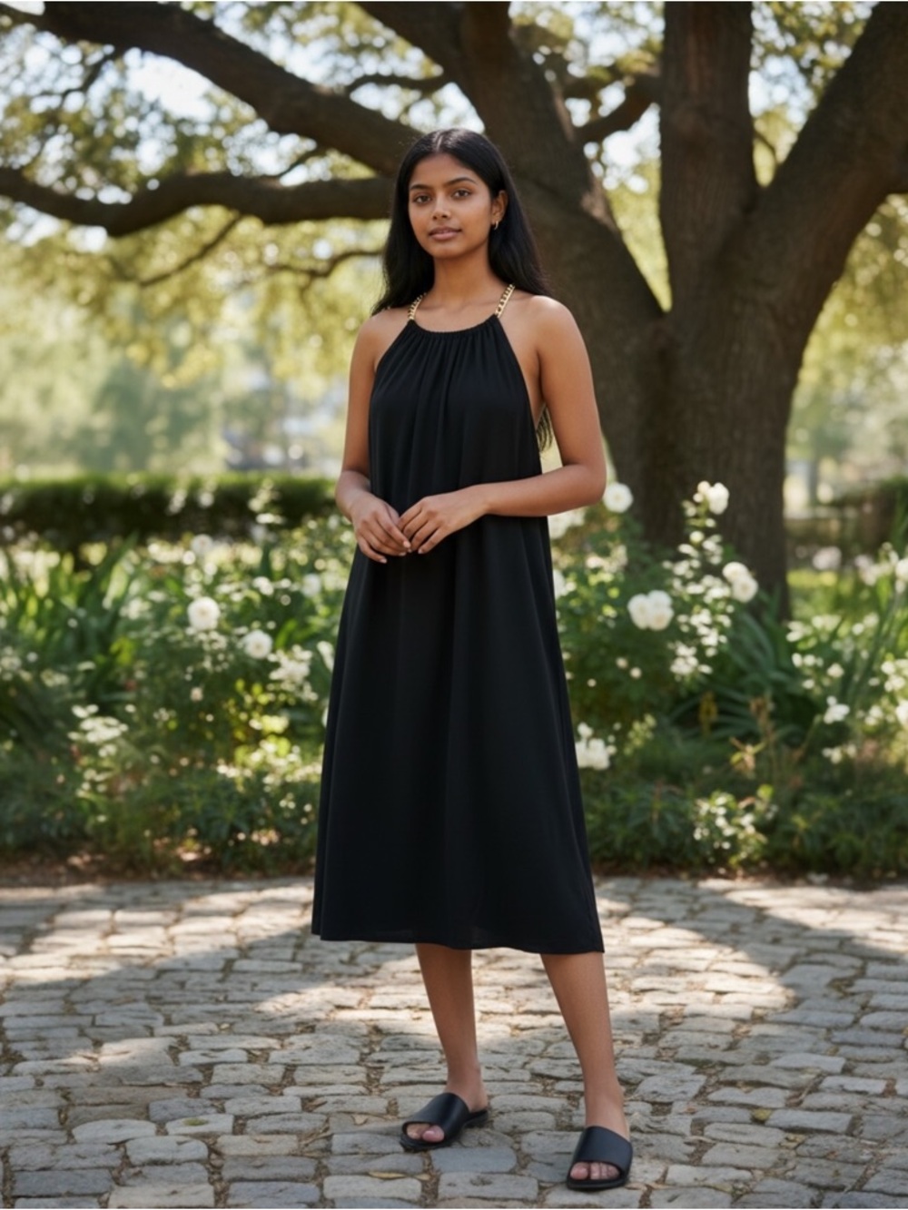 Michael Kors Black Halter Midi Dress with Gold Chain Straps